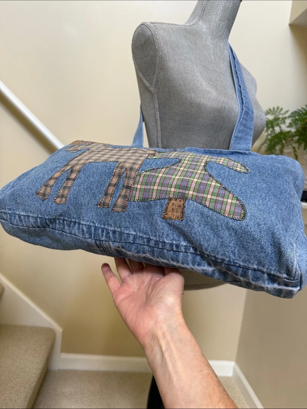 New w/o tag Denim Stonewashed Tote Bag with Plaid Moose & Tree Appliqué - Blue